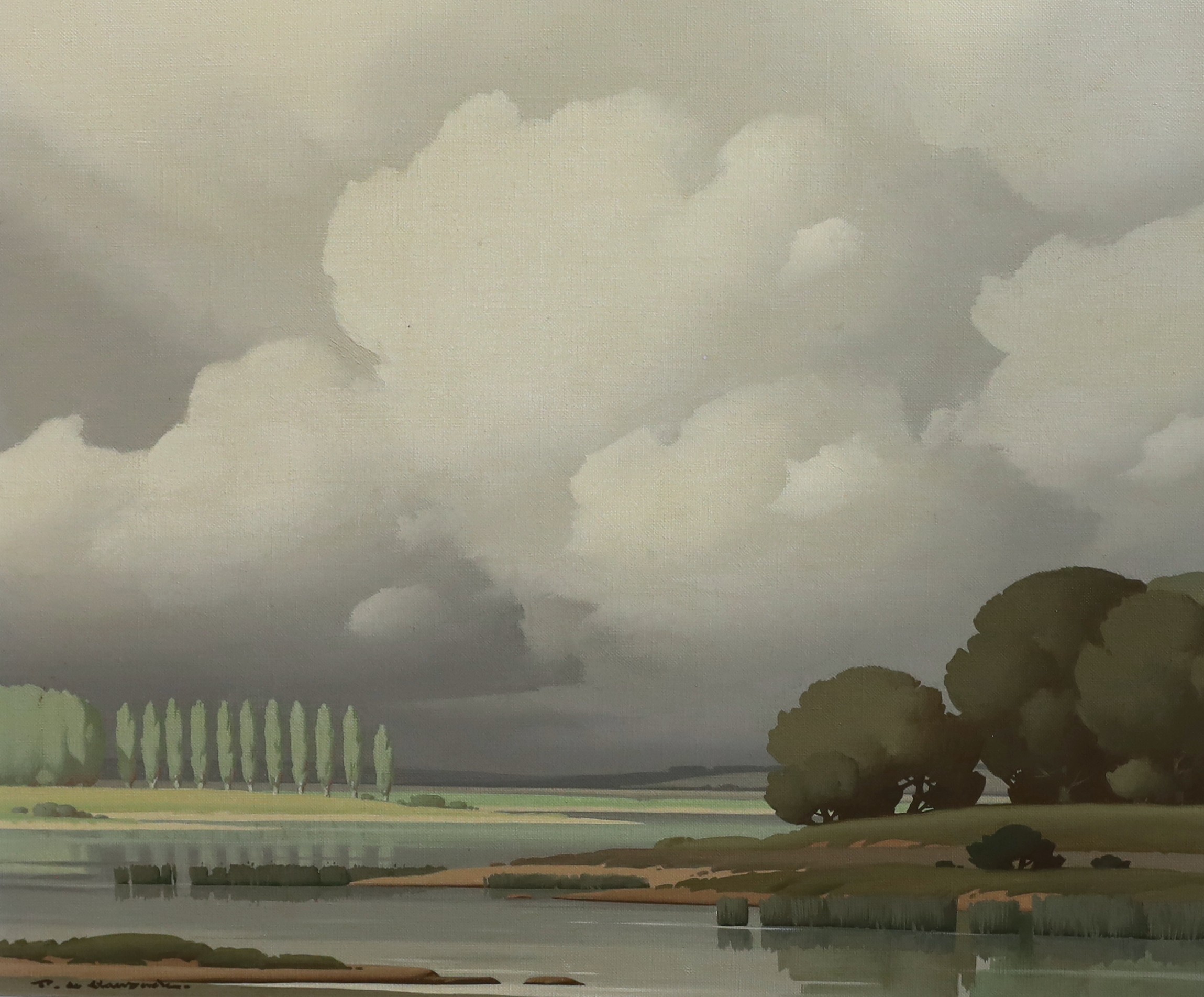 Pierre de Clausades (French, 1910–1976), River landscape with poplar trees, oil on canvas, 45 x 54cm
